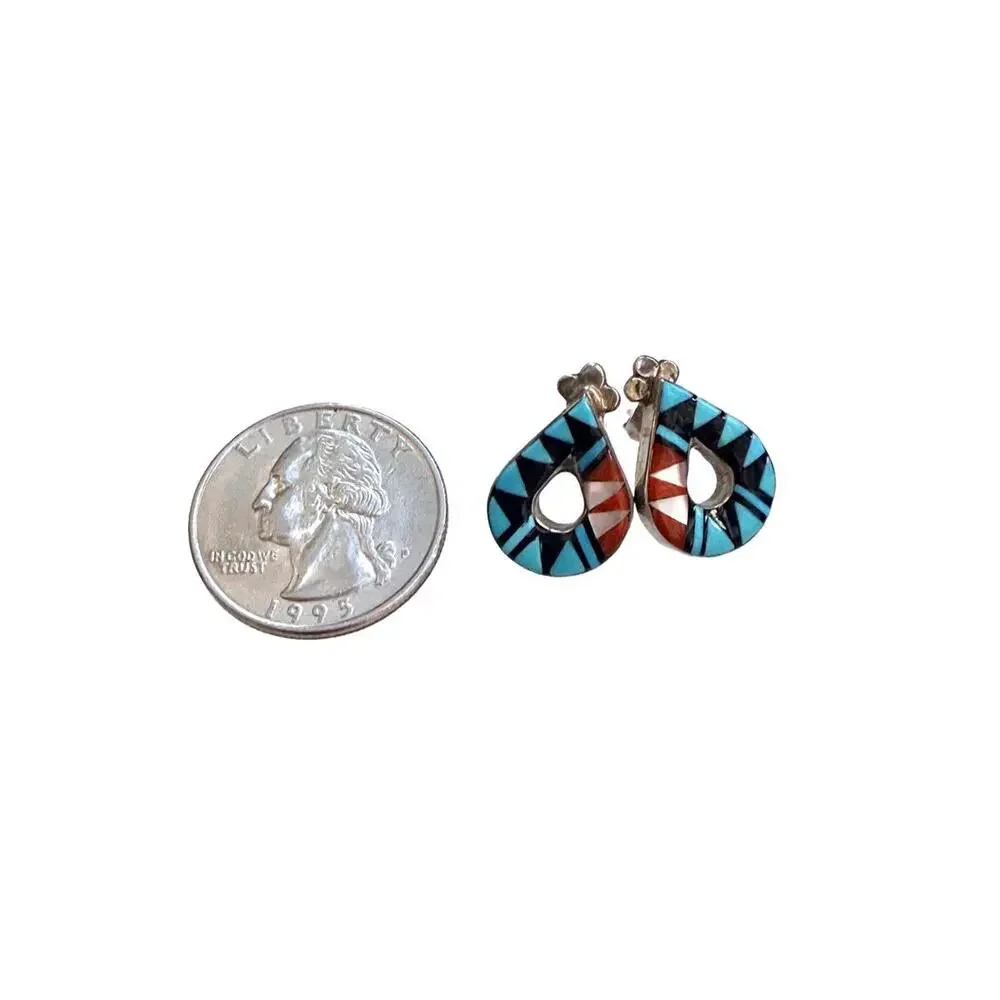 VTG LAAHTY Zuni Handmade Turquoise Multi-Stone Silver 925 Channel Inlay Earrings - Picture 4 of 7